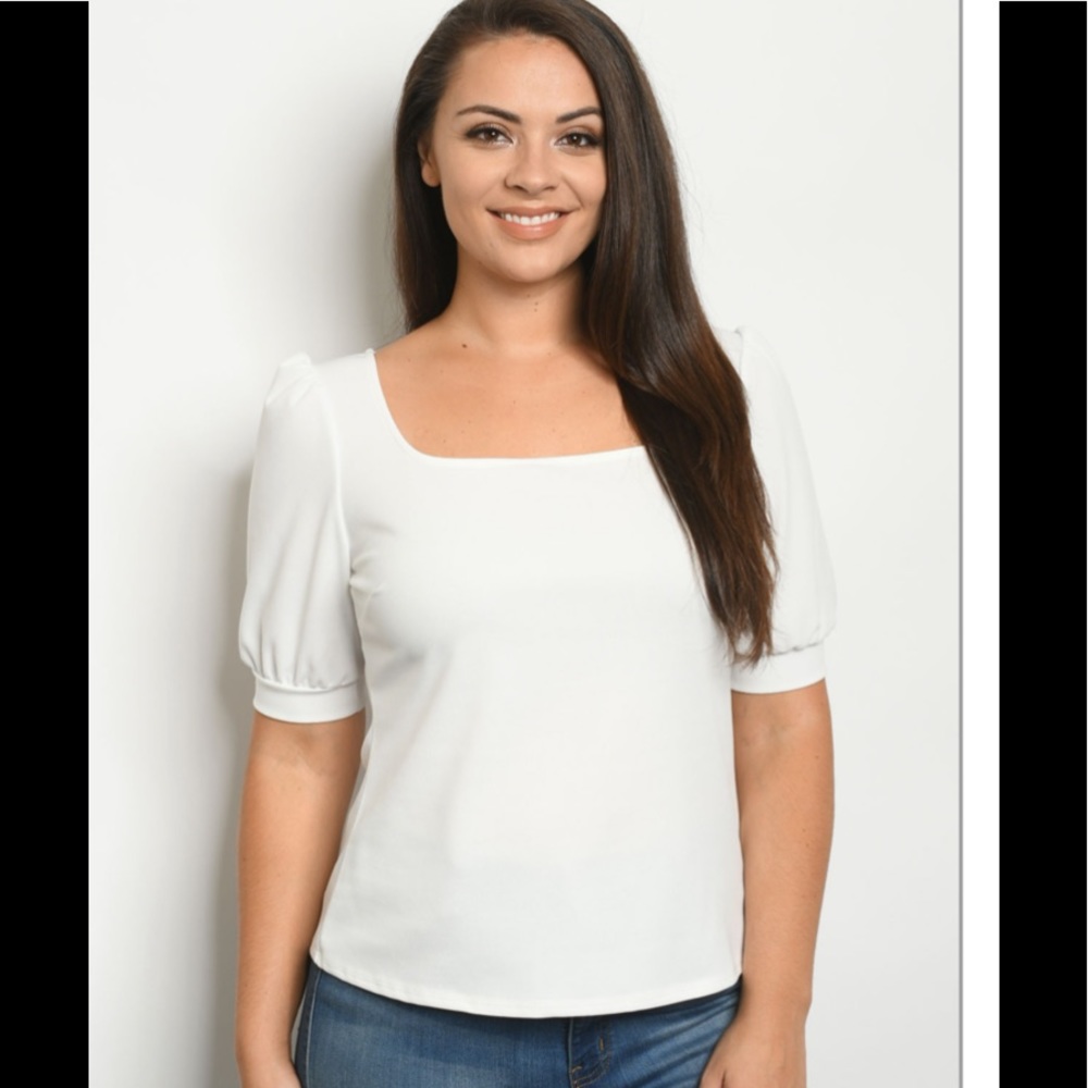 Square Neck Top with Puff Short Sleeve White Size 3X